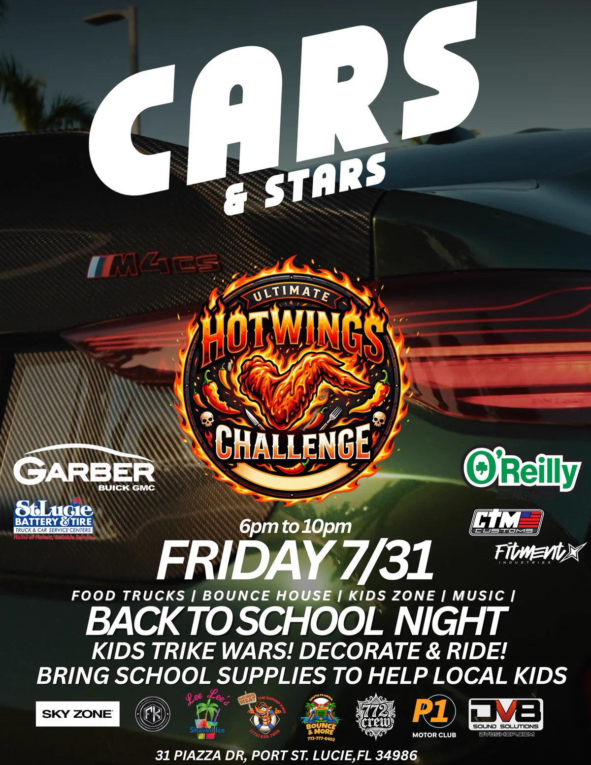 Cars & Stars: Back To School Night — Ultimate Hotwings Challenge, Friday July 31, 6pm–10pm at Clover Park, Port St. Lucie. Food trucks, bounce house, kids zone, music, Kids Trike Wars. Bring school supplies to help local kids.