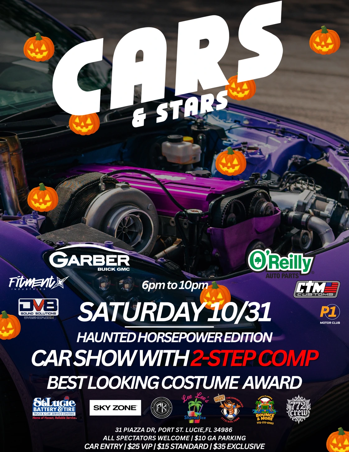 Cars & Stars Haunted Horsepower Edition — Saturday, October 31, 2026, 6–10 PM at Clover Park. Car show with 2-Step competition and Best Looking Costume award. View full flyer for parking and car-entry prices.